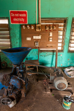 Electrical panel and grinding mill in a workshop, Tamale, Ghana