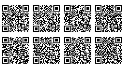 Fototapeta premium Eight Unique QR Codes Arranged in a Grid Pattern Isolated on a Clean White Background