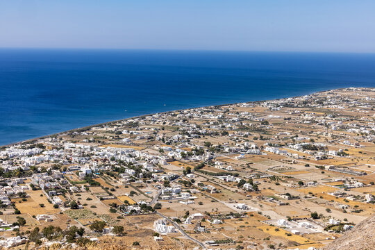 View from Ancient Thera towards the village of Perissa on the island of Santorini. Greece