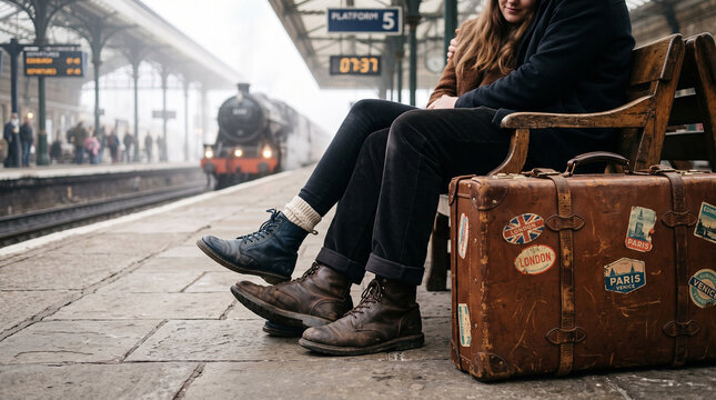 Waiting for the Train: A couple embraces affectionately on a vintage wooden bench at a misty train station platform.