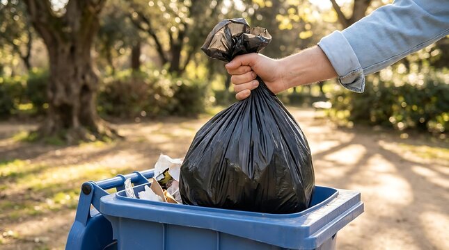 Hand holding black plastic garbage bag over blue recycling bin in a park setting, outdoor waste management and environmental cleanup activity