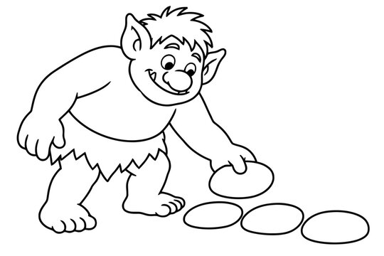 Cartoon Troll Collecting Stones: A friendly cartoon troll with pointed ears and a jagged skirt playfully collects round stones on the ground, presented in a simple line drawing style.