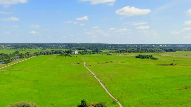 Russia, Bogolyubovo. Drone footage of Church of the Intercession on the Nerl. Orthodox church and a symbol of medieval Russia. Drone footage