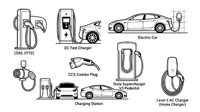 Set of Electric Vehicle Charging Equipment and Car Icons in Line Art Style