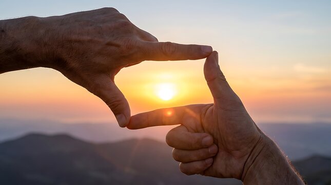 Human hands framing the setting sun, creating a focus gesture against a golden hour mountain landscape background