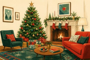 Obraz premium Cozy festive living room with Christmas tree and fireplace