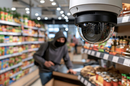 Security camera watches a masked figure stealing items. Shelves hold colorful goods behind the thief. The person appears focused, not fearful or panicked. Image shows retail theft, surveillance