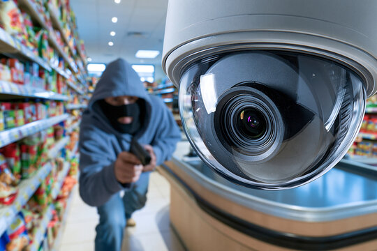 Security camera watches a thief in a grocery store. Hooded figure holds a gun, crouching near shelves. The camera lens stares directly at the intruder. Lighting highlights the tension of the moment