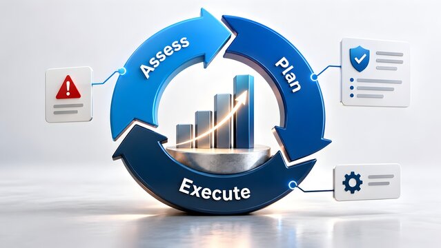 3D circular workflow diagram showing assess, plan, execute phases around a bar chart with upward arrow, flanked by document and gear icons