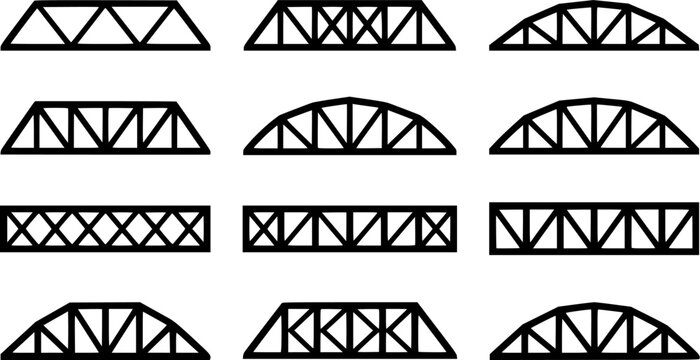 Girder & Truss Frame Silhouette Icon Set. Collection of industrial & construction silhouettes, including girder & truss frame, detailed structure and framework shapes, and more.