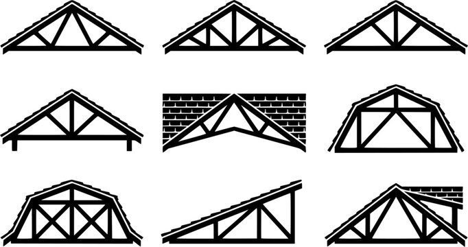 Roof Truss & Shingle Silhouette Icon Set. Collection of industrial & construction silhouettes, including roof truss & shingle, detailed structure and framework shapes, and more.