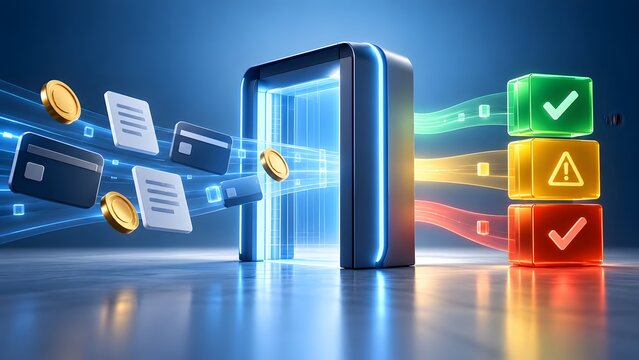 3D digital gateway portal processing and sorting flying credit cards coins and documents into status indicator boxes for fintech automation