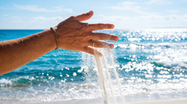 Slipping Through Time: A hand gently releases a cascade of sand onto a sun-drenched beach, with the turquoise ocean and shimmering water serving as a backdrop.