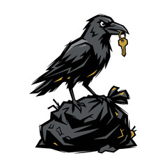 Obraz premium Stylized raven standing on a trash bag holding a gold key in its beak