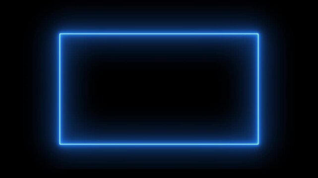 flickering blue neon rectangular frame border on black background. abstract light border with neon blue glowing edges for digital overlay. digital blue light rectangle border with soft glowing effect.