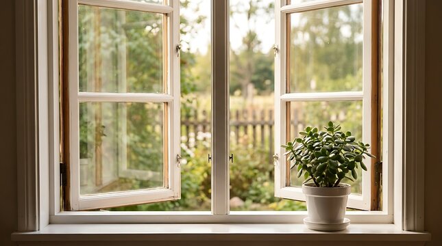 Potted jade plant on a bright windowsill with an open window overlooking a lush garden, interior home decor photography