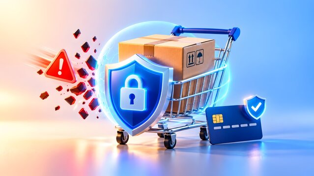 Secure online shopping and ecommerce delivery protection concept with glowing shield protecting a shopping cart from threats