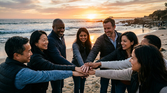 Diverse group of friends with hands together on beach at sunset, teamwork concept