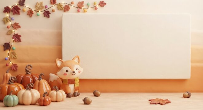 Cute 3D Fox with Pumpkins and Blank Signboard on Autumn Background