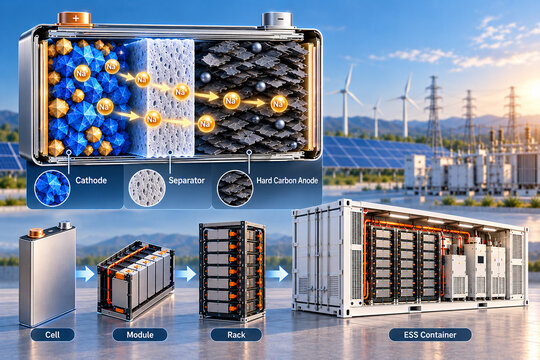 Sodium-ion battery energy storage explainer from cathode, separator and hard carbon anode to cell, module, rack and ESS container