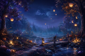 Obraz premium Enchanted autumn forest bridge beneath lantern-lit moonlit sky