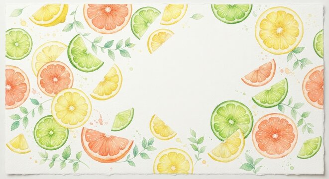 Watercolor citrus fruit slices and mint leaves frame with copy space on white