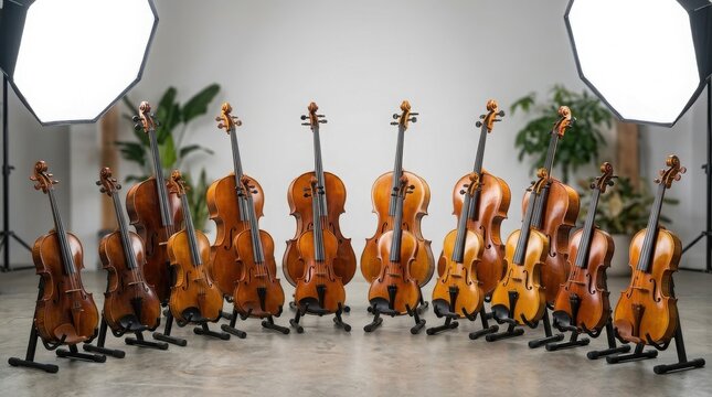 A group of various stringed instruments including violins and cellos displayed in a studio setting