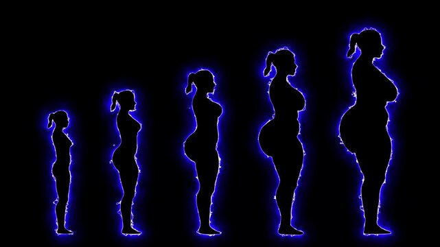 Illustrative pregnancy progression silhouettes neon glow female body transformation growth development