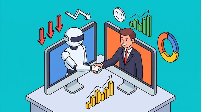 Artificial intelligence and human collaboration concept with computers showing growth charts and handshake