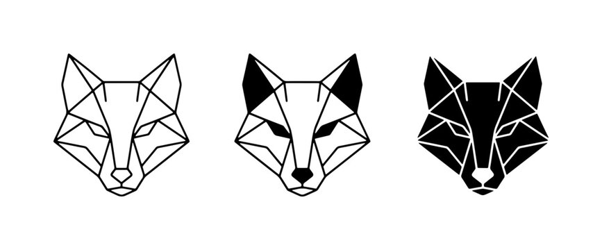 Geometric fox head icons, line art and silhouette, minimalist design, logo elements, animal graphics