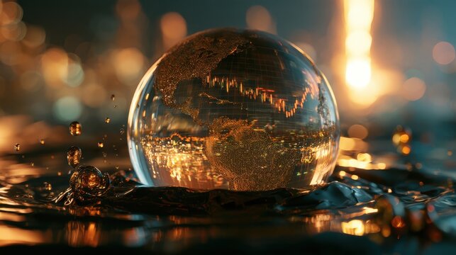 Globe in a pool of oil, stock market chart glowing, cinematic
