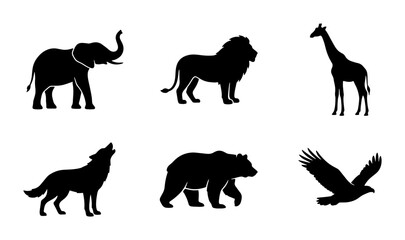 Fototapeta premium Wild animals silhouettes set with elephant, lion, giraffe, wolf, bear and eagle for logo or print