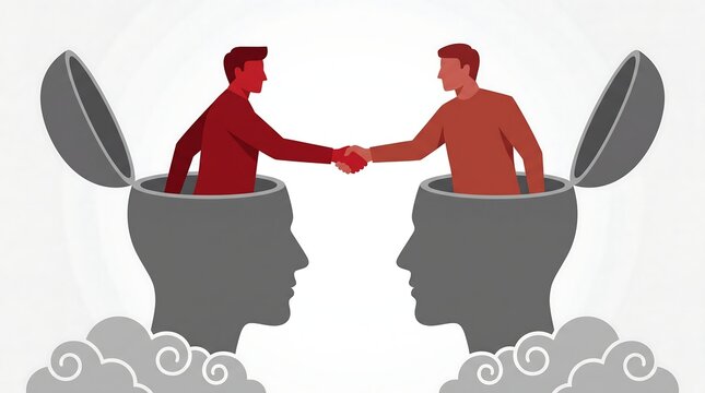 Conceptual illustration of two people exchanging ideas with open minds and thought bubbles