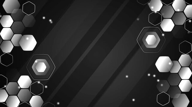 Black and white hexagon technology background animation, Abstract black and white technology background with glowing hexagons, dark diagonal stripes, and copy space for modern science.
