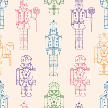 Christmas Nutcracker Seamless Pattern with Sweets, Cupcakes, and Lollipops Line Vector