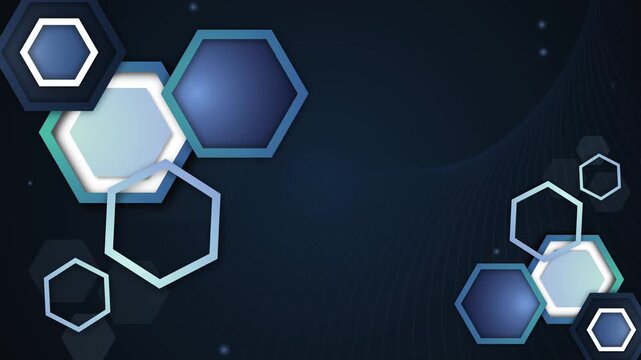 Technology background with hexagon frames animation, Abstract background with layered hexagon frames, soft shadows, glowing dots, and flowing wave lines. Modern technology design with copy space.