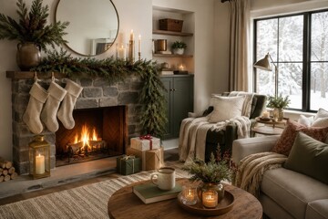 Obraz premium Cozy winter living room with fireplace, stockings and snowy view