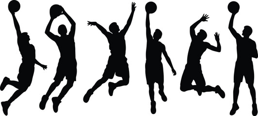 Set of black silhouette basketball players jumping to make a slam dunk shot © md manik hossain