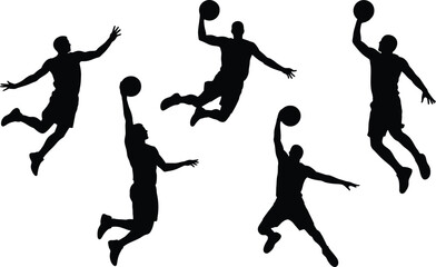 Set of black silhouette basketball players jumping to perform a slam dunk shot © md manik hossain