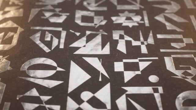 Macro Close-Up of Abstract Metallic Geometric Shapes and Futuristic Symbols on Dark Background