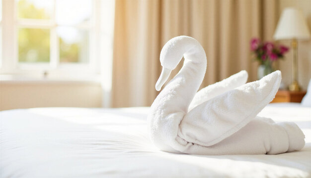 Resort towel animal swan with elegant appearance on soft bed linens