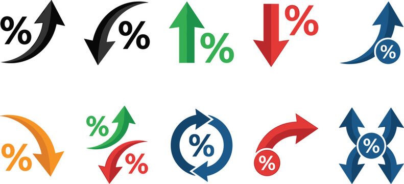 Percentage Growth and Decline Arrow Icon Set Featuring Upward, Downward, Circular, Financial Change and Market Trend Symbols