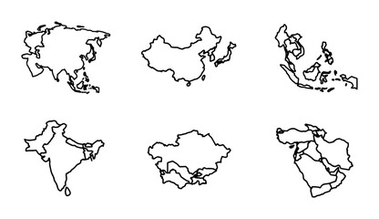 Asia map line icons set with continent, China, India, Southeast Asia, Central Asia and Middle East regions for travel © Mehnaj