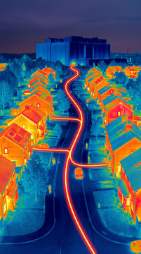 Thermal imaging of residential houses and street at night