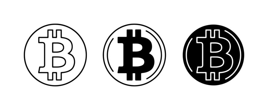Bitcoin icons set with outline and solid logos for cryptocurrency and finance