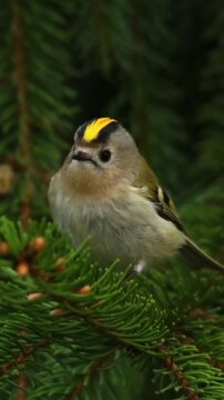 A Goldcrest bird perched on a spruce branch in a forest