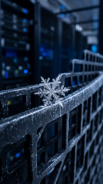 Intricate snowflake resting on a cold server rack