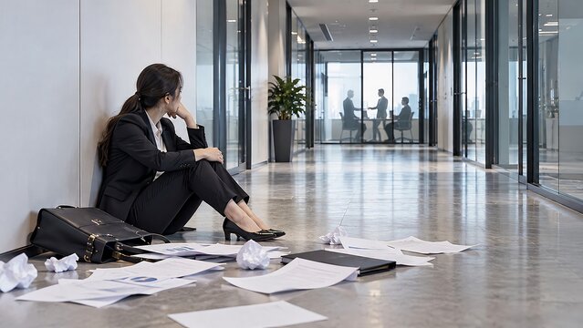 Stressed businesswoman sitting on the floor of a modern office hallway with papers scattered everywhere