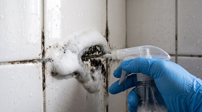 Person cleaning mold from bathroom tiles with foam remover close-up