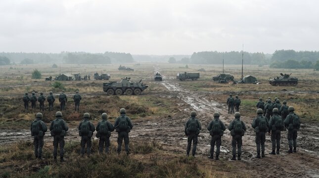 High-angle stock photo of military soldiers in camouflage uniforms and helmets assembled on a muddy field during tactical training exercises.